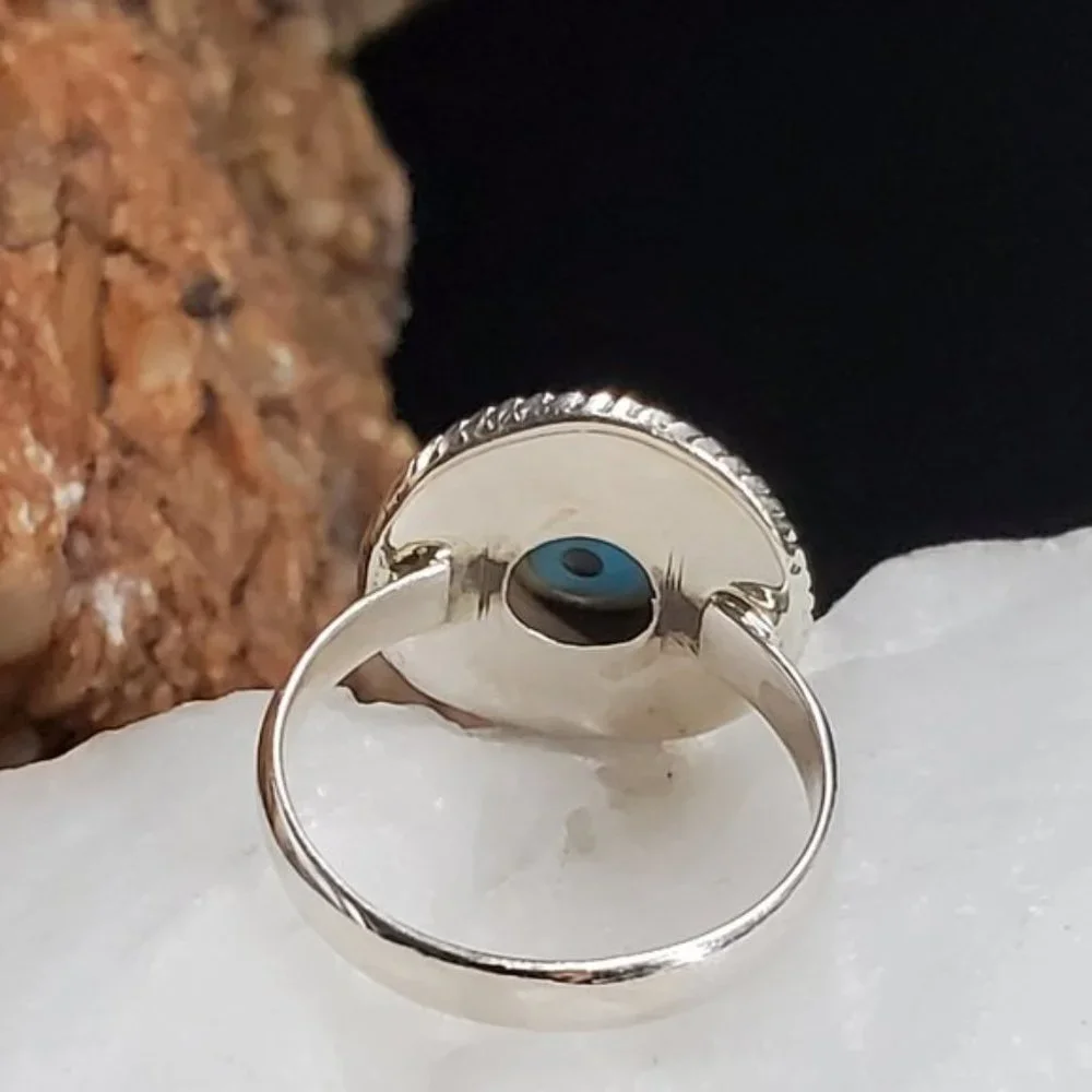 Sterling Silver Ring 925 Evil Eye Protective Designer Mother Of Pearl